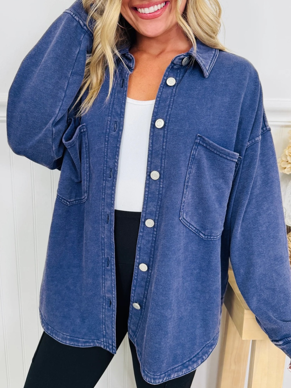 Mono B Garment-Dyed Indigo Button-Front Oversized Shirt NWOT